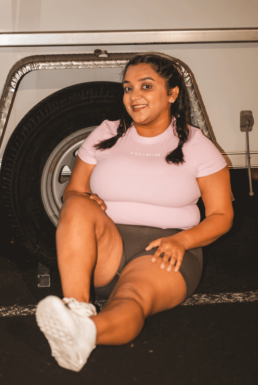 Monletics- Petal pink top, compression gym top with 3D logo facing forward
