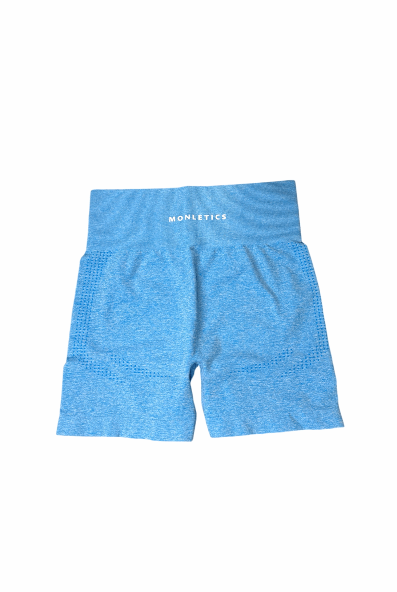 Monletics- Blue high waisted seamless shorts, product picture facing backwards