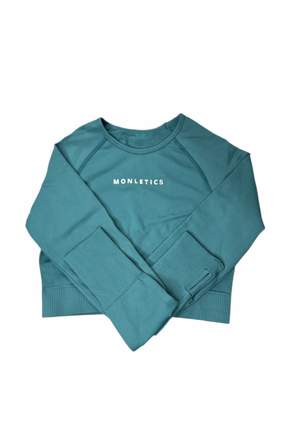 Monletics- Jade top, 3D logo, long sleeve crop top, product picture