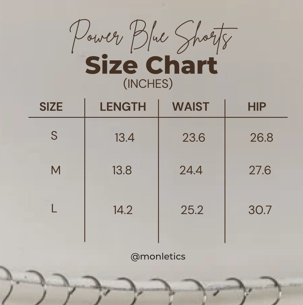 Monletics- Blue high waisted seamless shorts, sizing chart