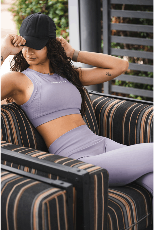 Monletics- Livid top, sleevless crop top with padding, sports bra, 3D logo, facing forward