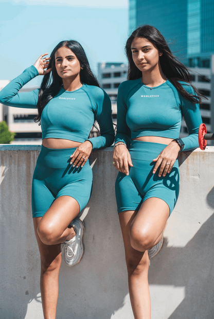 Monletics- Jade top, 3D logo, long sleeve crop top, facing forward