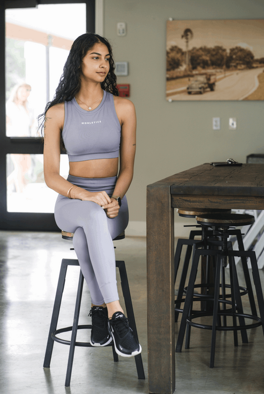 Monletics- High waisted leggings, facing forward, stretchy